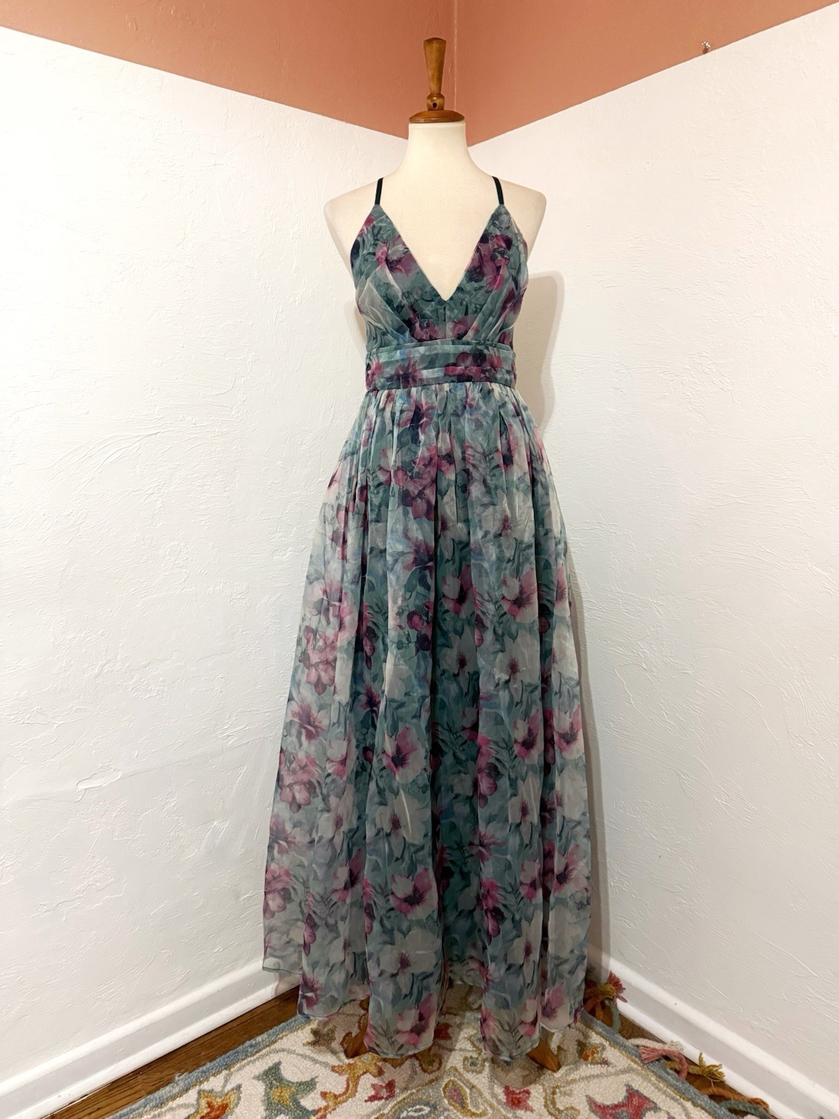NWT Lulus Romance That Wows Dark Teal Floral Print Organza Maxi Whimsy Dress M
