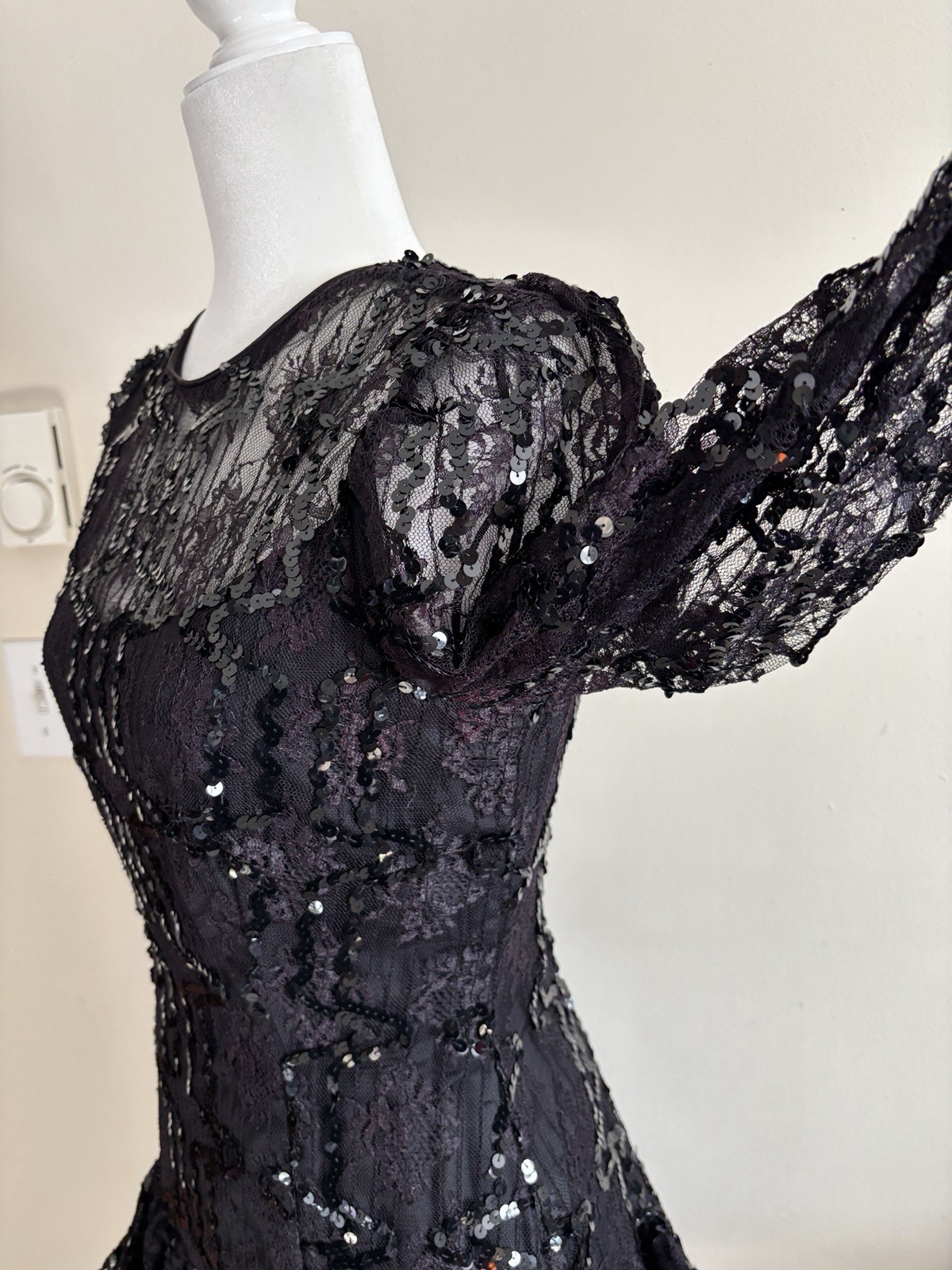 Vintage 80s Julie Duroche After Five Black Dress Sequin Lace Dramatic Goth