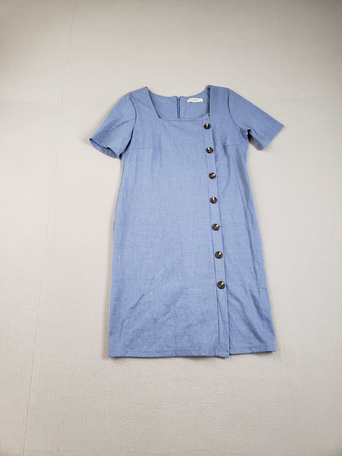 PerSeption Women Shift Dress PM Blue Button Up Short Sleeve Back Zipper Casual