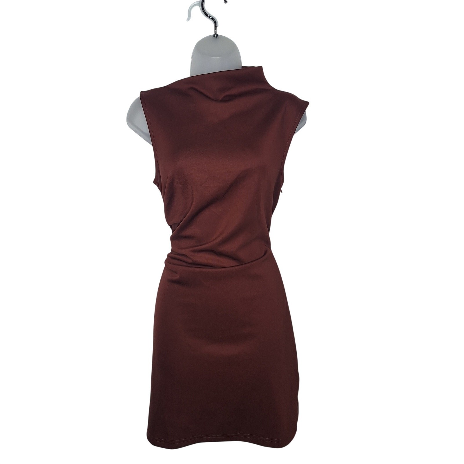 Cider Mock Turtleneck Mini Dress M Assymetrical Scuba Chocolate Brown Minimalist