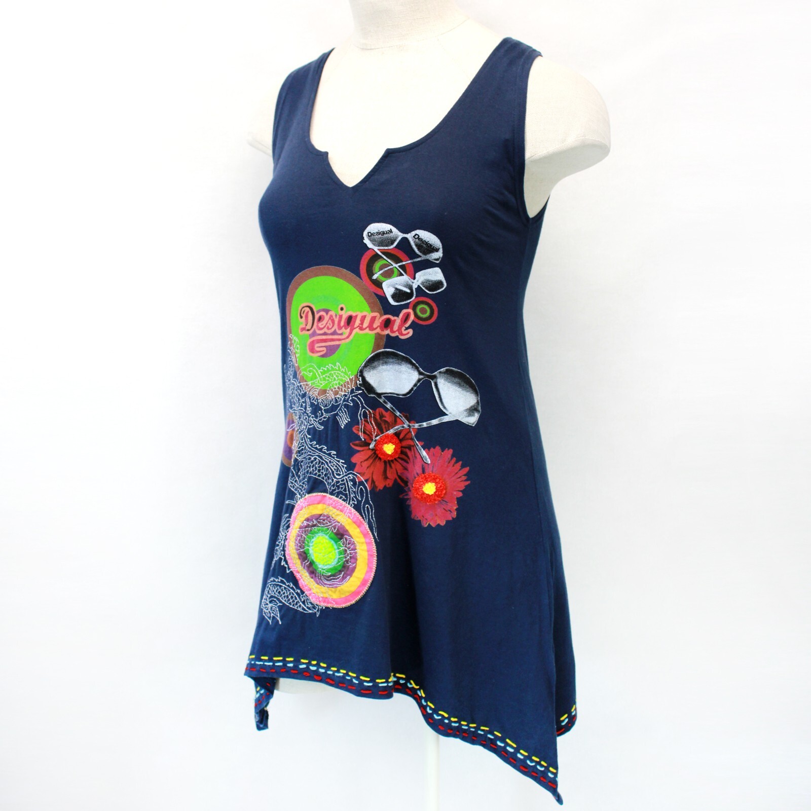New Desigual Art to Wear Embroidered Bohemian Navy Blue Dress Sundress Women XL