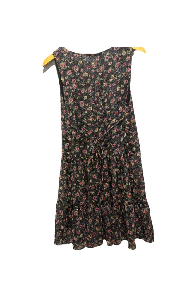 An’ge Paris Tired Sleeveless Sheer Lined Mini Dress Black Floral Dotted Ruffle M