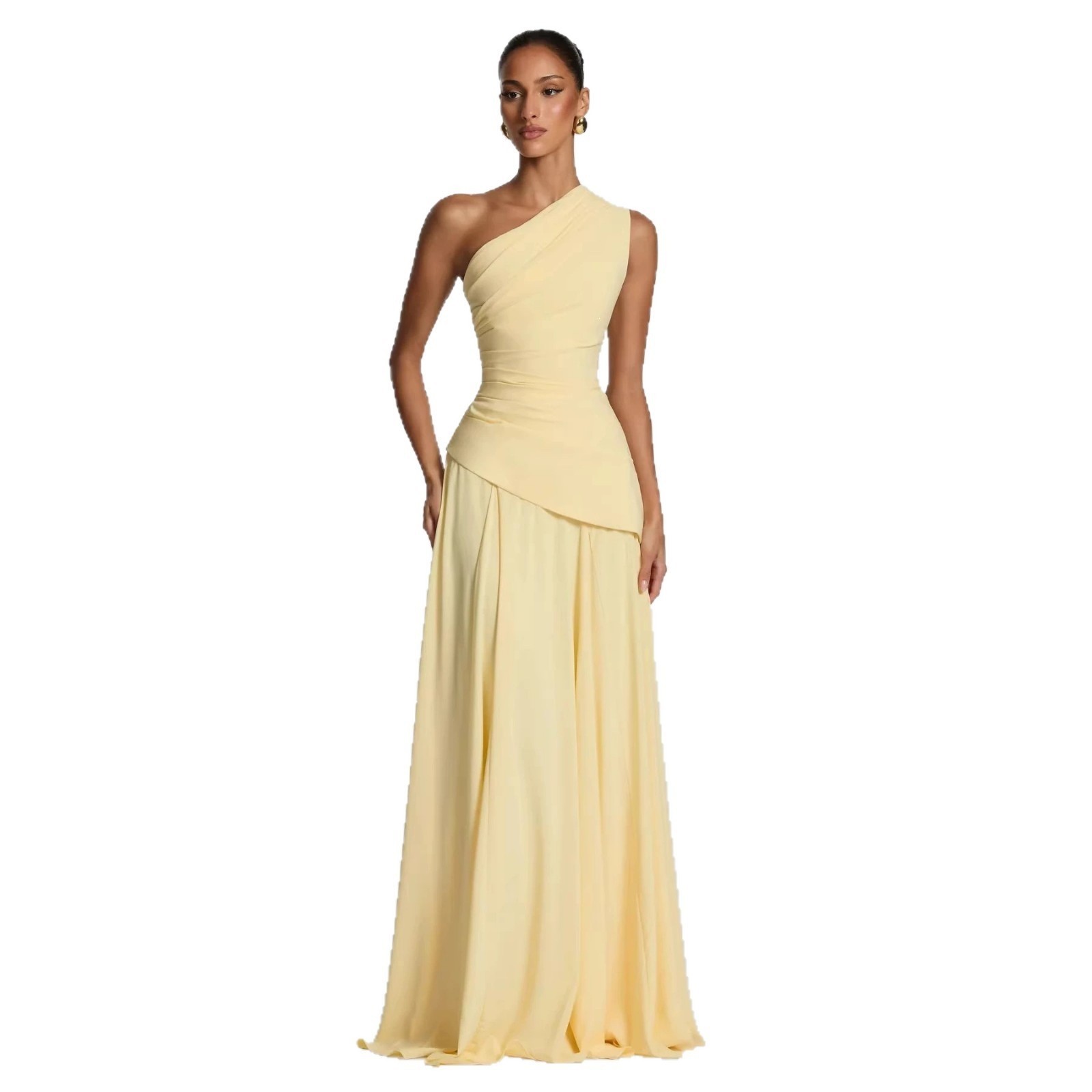 Elegant One Shoulder Yellow Maxi Dress – Sleeveless Evening Party Gown for Women