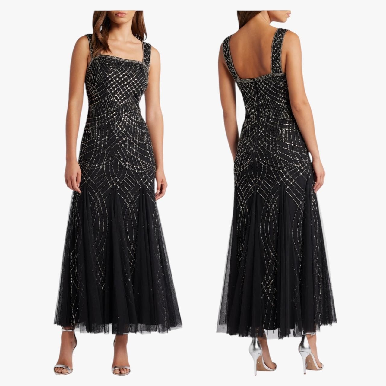 Pisarro Nights Beaded Mesh Midi Gown in Black Size 16