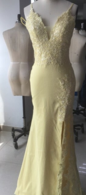 Daffodil Sheath/Column Satin V-neck Sleeveless Sequin Sweep/Brush Train Dresses