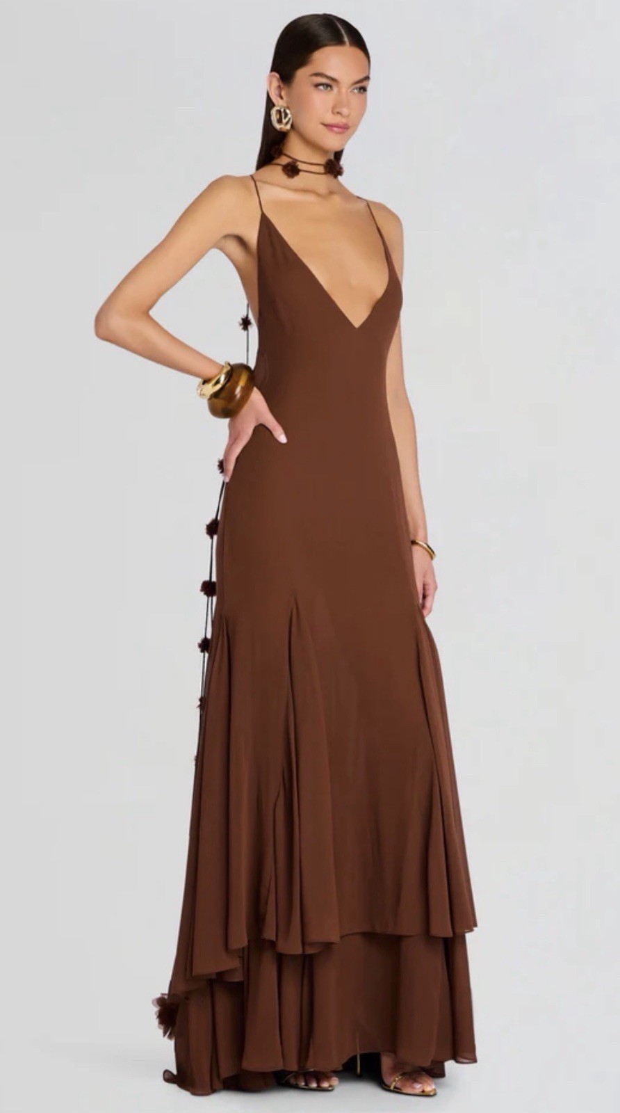 Retrofête $1298 DEENA CHIFFON DRESS Brown Silk Long Dress Backless Size Small