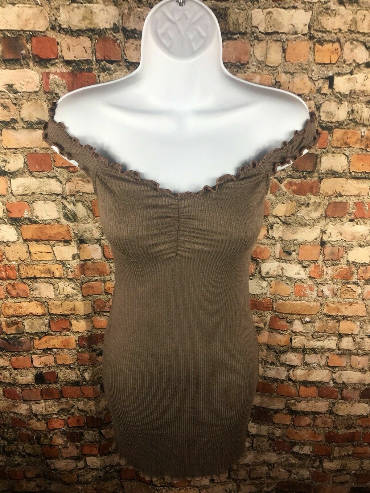 Ribbed Off The Shoulder Bodycon Mini Dress Small Brown Soft Stretch Coquette New