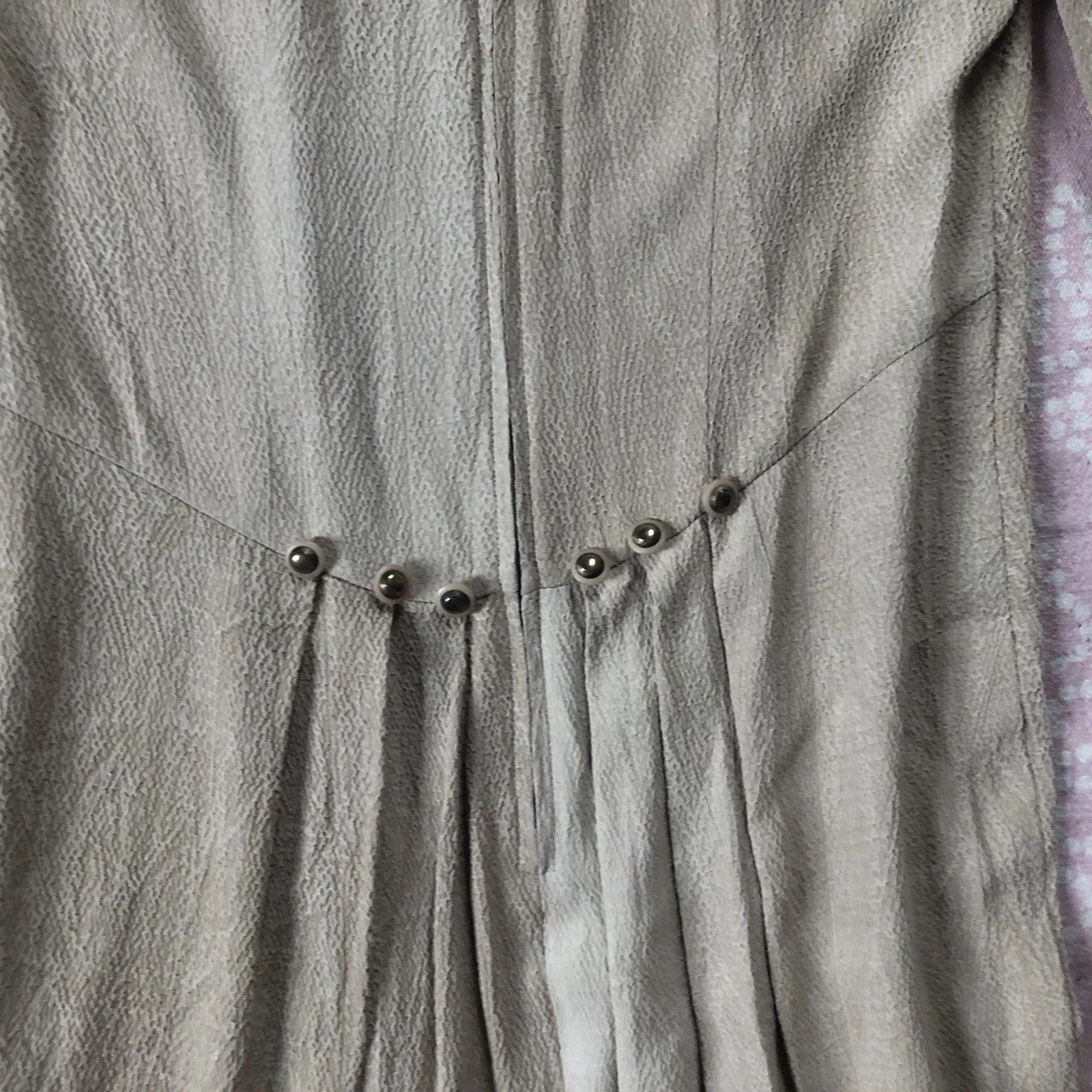 Vtg Impulsive Sand Beige Crepe Long Slv Dress Buttons Shoulder Pads Lux Coastal