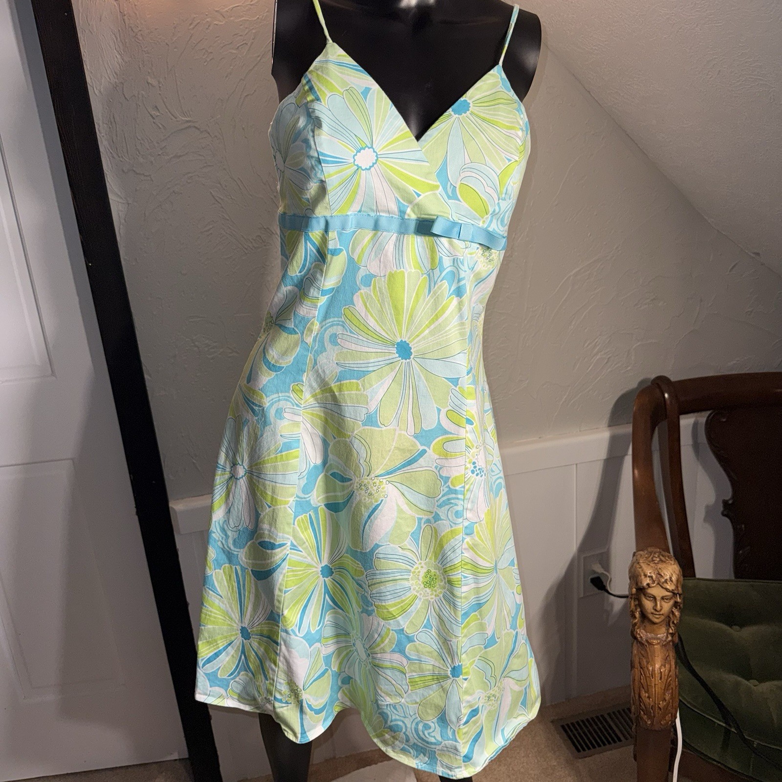 B.Smart A-Line Mini SunDress Empire Waist Fit&Flare Aqua,Lime Floral 11/12 ‘70’s