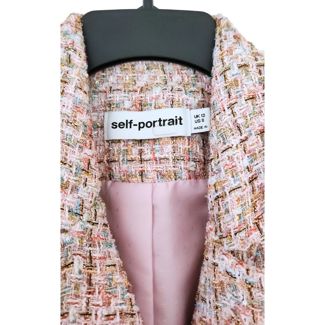 Self-Portrait Tweed Boucle Mini Dress Pink Gold Sequin Long Sleeve Suit Blazer 8