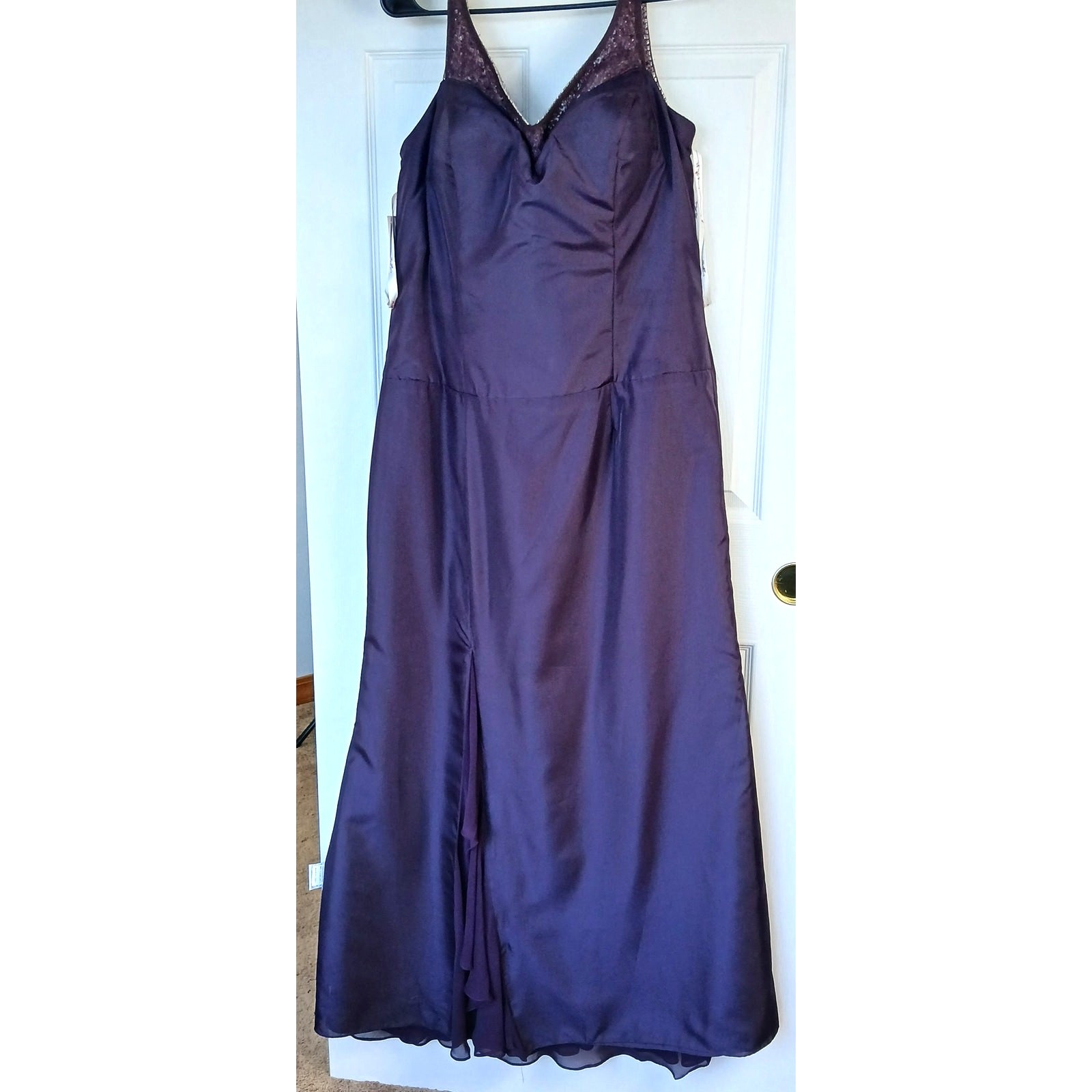 La Perle Aubergine Beaded Sweetheart Maxi Gown 16 slight train leg slit formal