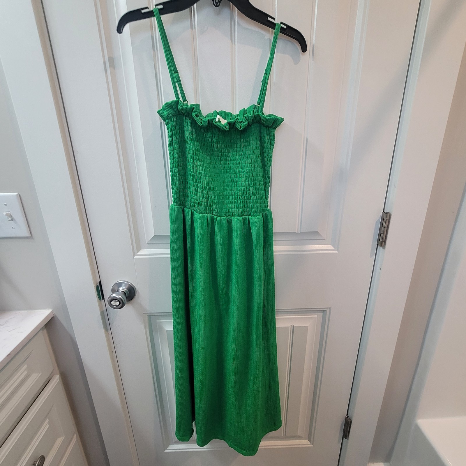H&M Dress, Midi Ruffle Green Smocked Textured Sundress Cottage Core Adjustable!