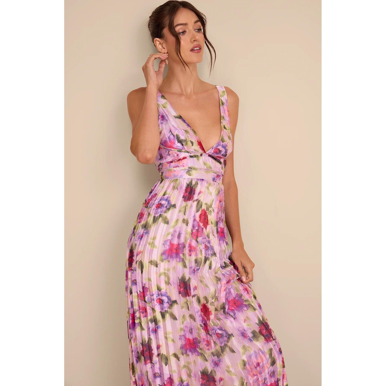 Lulus Morgana Pink Multi Floral Satin Pleated Maxi Dress Size XS