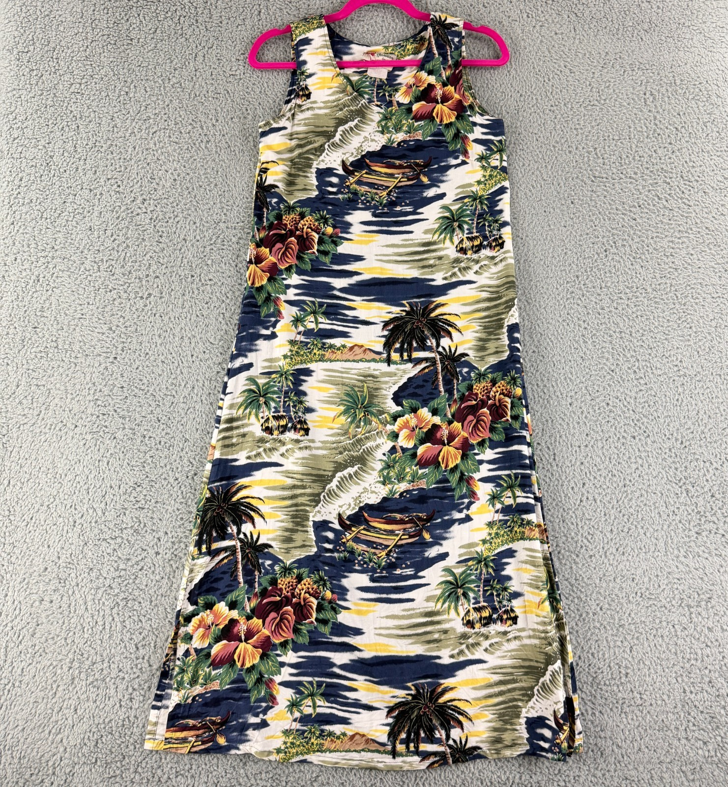 Hilo Hattie Midi Dress Womens XS Blue Hawaiian Floral Sleeveless Pullover Aloha