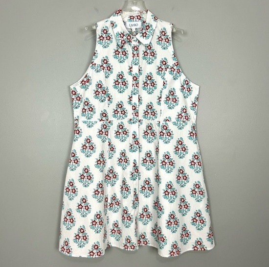 LIVRO Courtside Dress Women’s Size L Liberty Stamp Floral Button Front Cotton