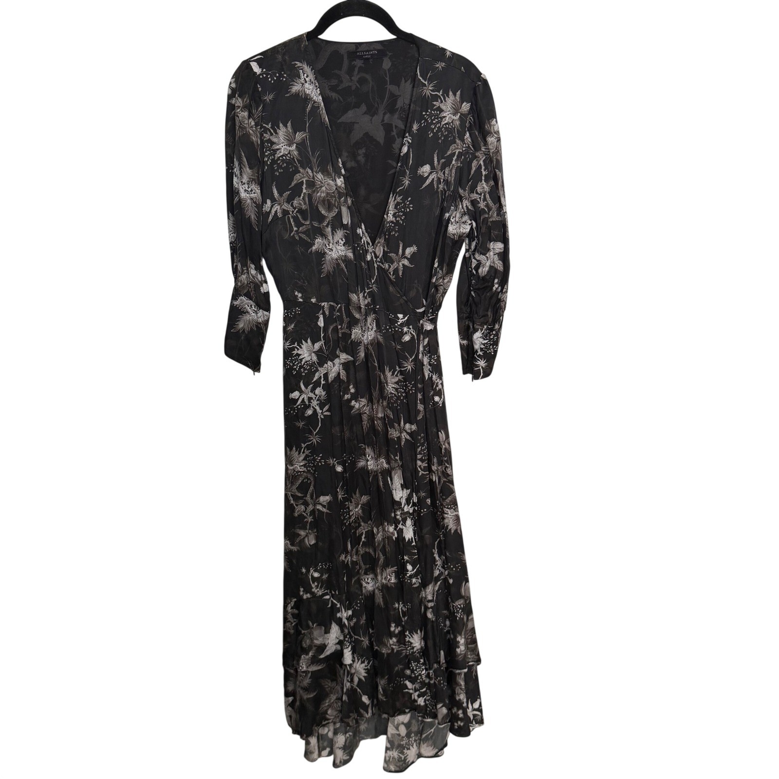 AllSaints Tage Evolution Silk Blend Wrap Midi Dress Black Floral Dragon Large
