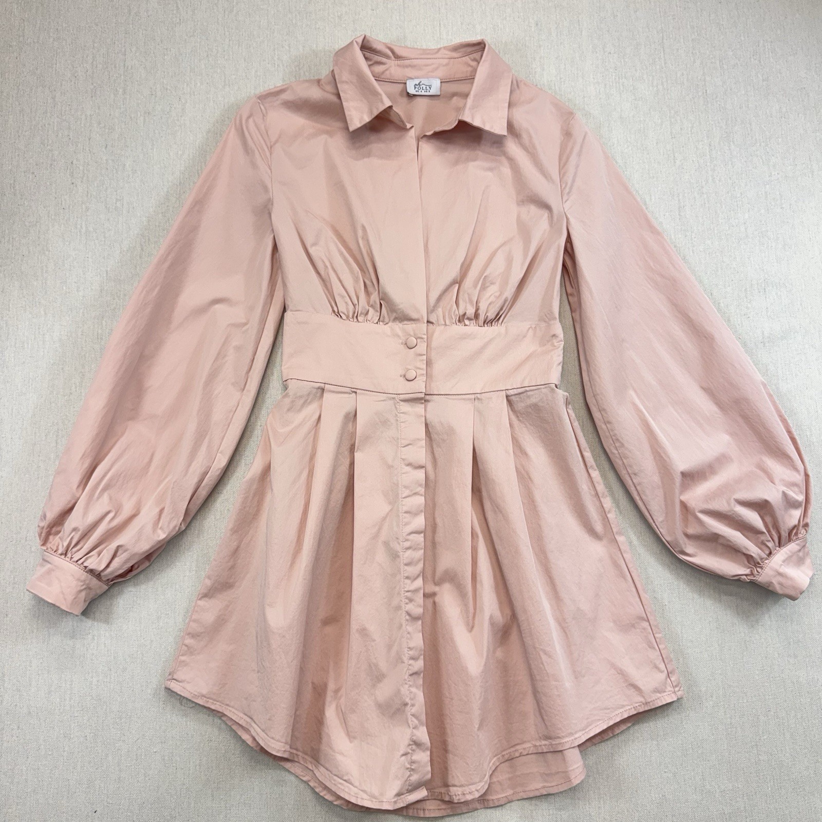 Oh Polly Pink Shirt Dress Mini Long Sleeve Collared Pleated Fit Flare UK6 US2