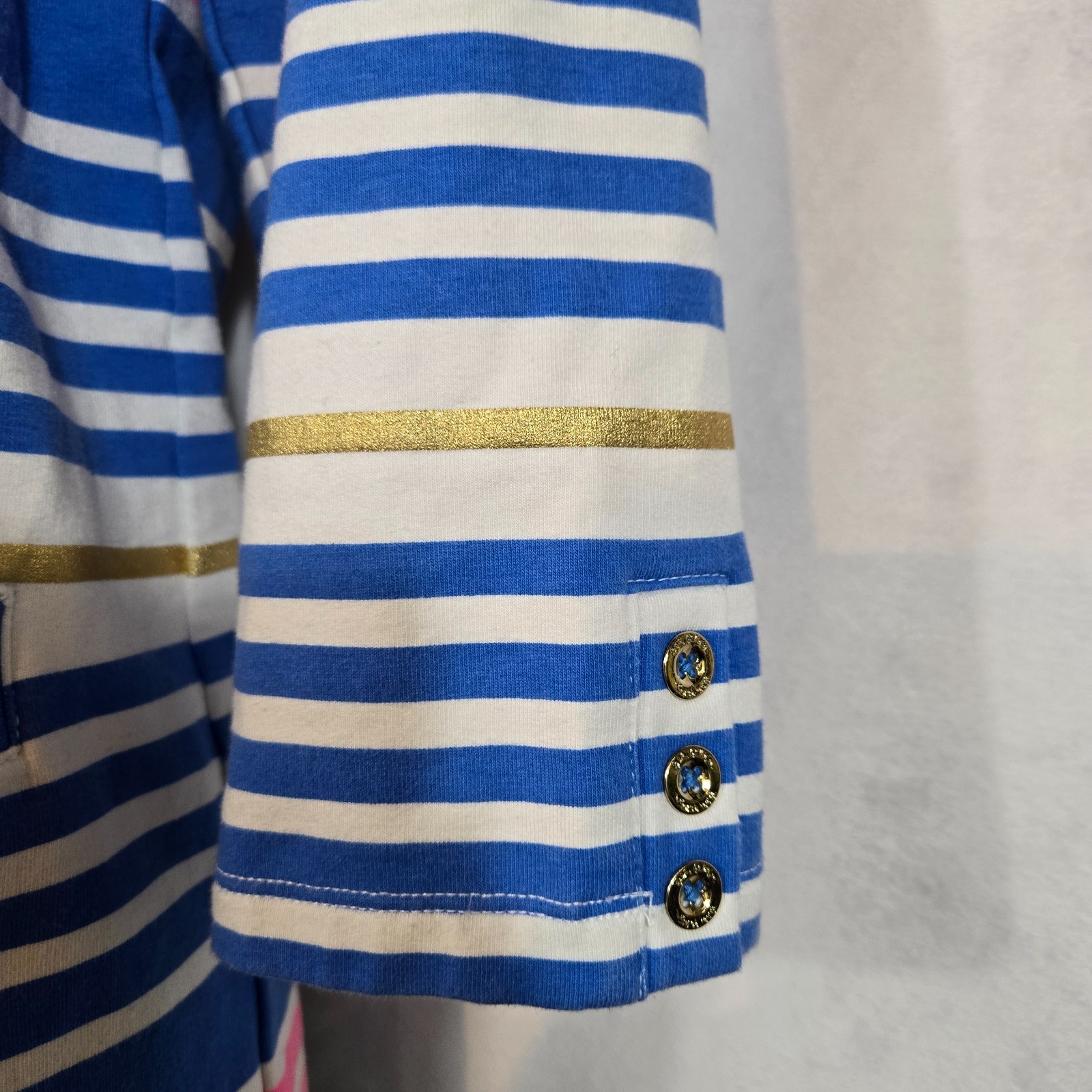 LILLY PULITZER Lena Shift Dress Lapis Blue Pink Gold Tiki Stripe Resortwear MED