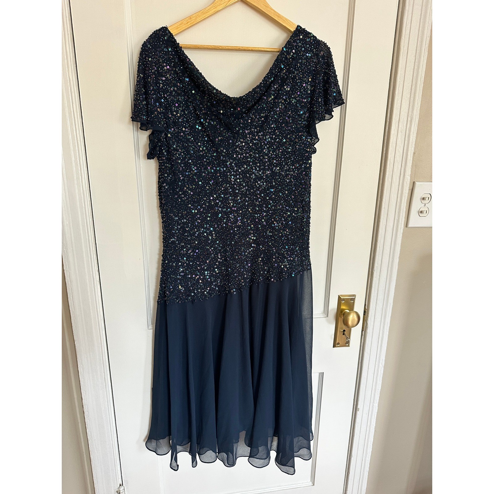 JKARA Beaded Sequin Dress Navy Cowl Flutter Sleeve Evening Formal Wedding 16 W