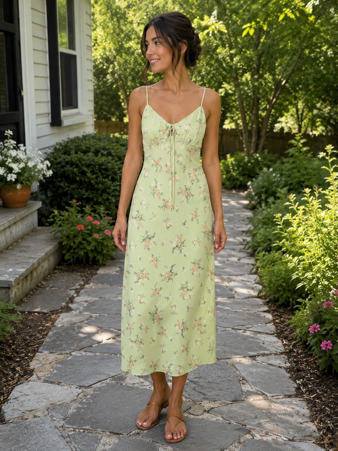 No Comment NY.LA Women’s Floral Slip Midi Dress Sage Green Spaghetti Strap Size