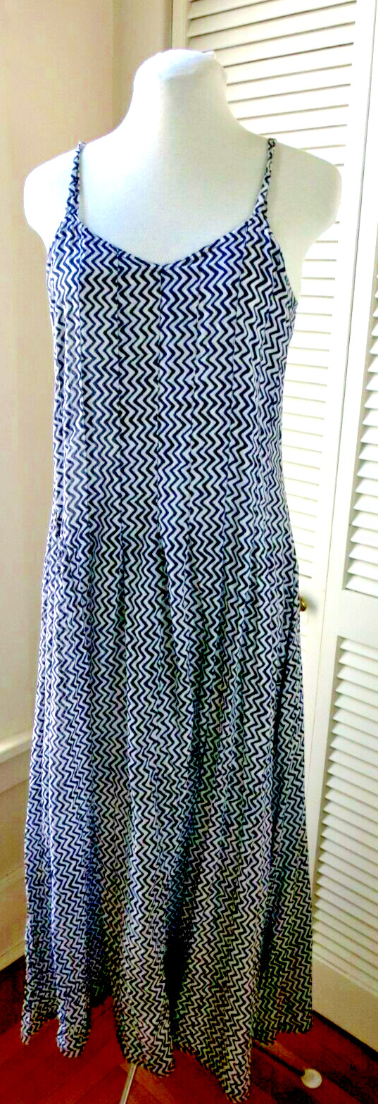 Anokhi Size 8 Made In India Vertical ZigZag Printed Maxi Sundress Blue 100% Ctn