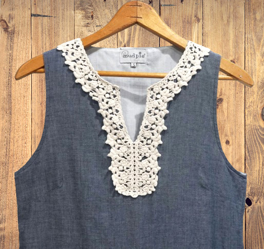 Mud Pie Chambray Crochet Trim Comfy Cotton Sleeveless Lined Dress Size Small
