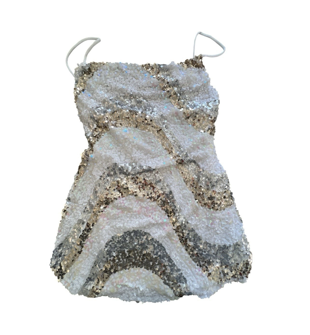 Selfie Leslie AUS Design White/Silver Sequin Swirl Cowl Neck Mini Dress Size S