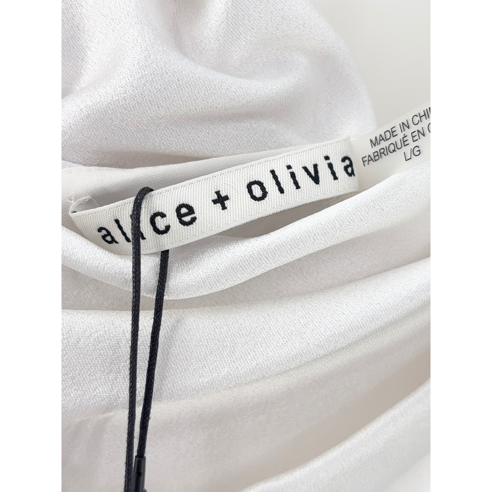 Alice + Olivia Lita Cowl Shift Mini Dress Womens L White Drape Satin Cocktail