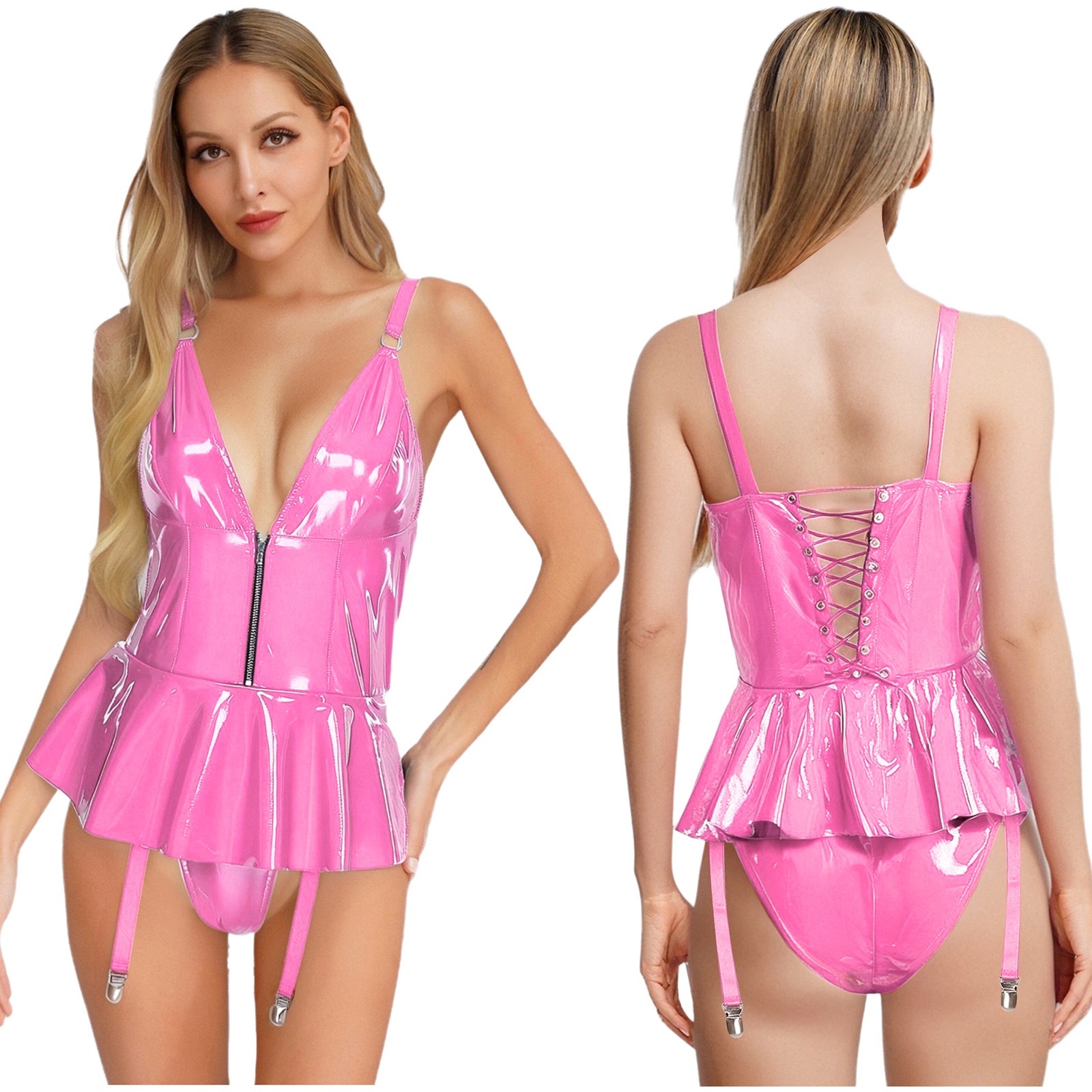 Womens Faux Leather Leotard Mini Dress Latex Wet Look Back Lace-up Sling Dress