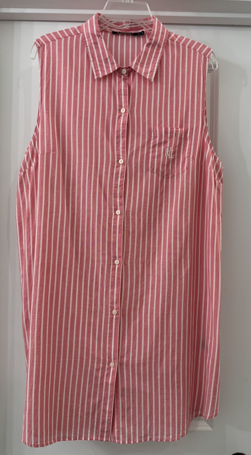 Y2K Ralph Lauren Shirt Dress XL Pink Striped Button Front Cotton Logo Nautical