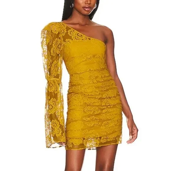For Love And Lemons Women’s Tiana One-Shoulder Lace Mini Dress Yellow Small NWT