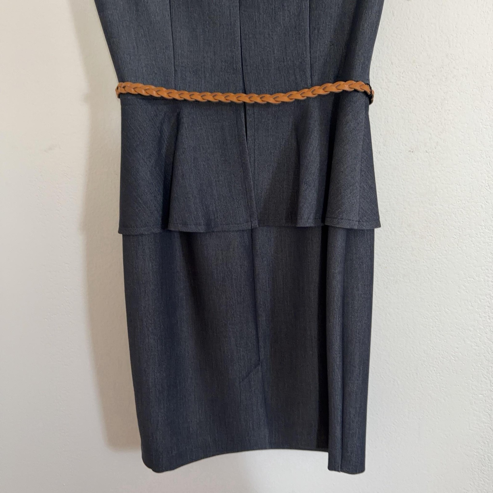 Connected Apparel Dress Womens 4P Gray Belted Sheath Cap Sleeve Knee Length