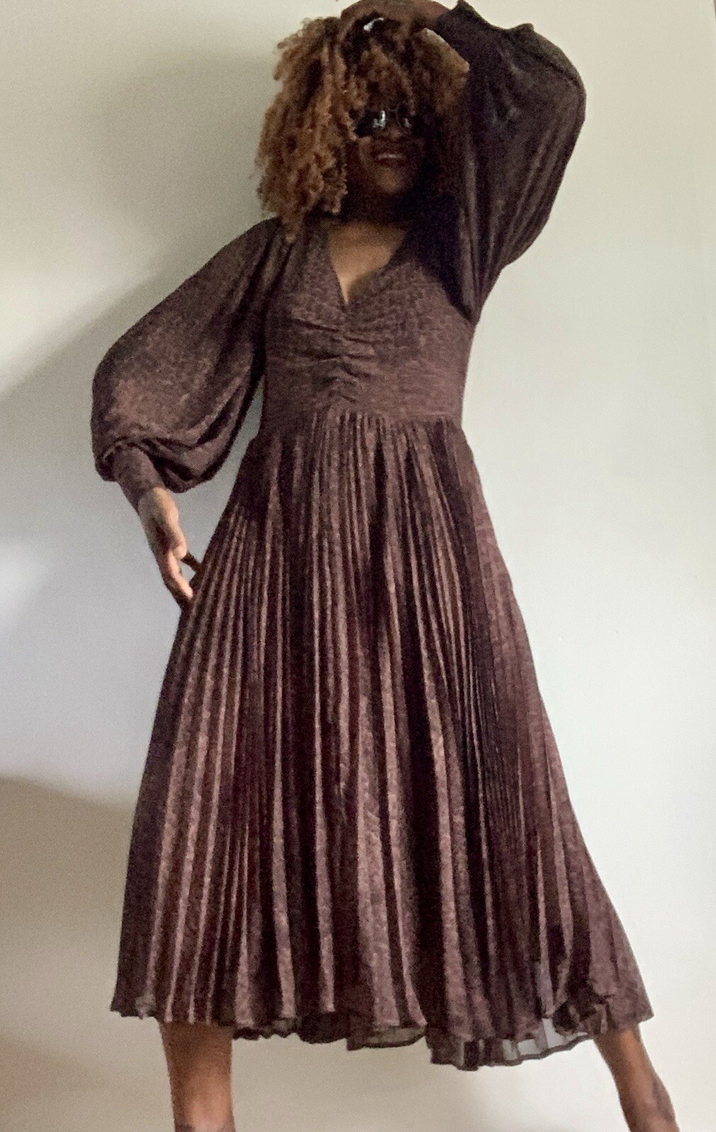 BNWT HM BLACK & BROWN CROCODILE PRINT LONG SLEEVES PLEATED MAXI DRESS SIZE: 10
