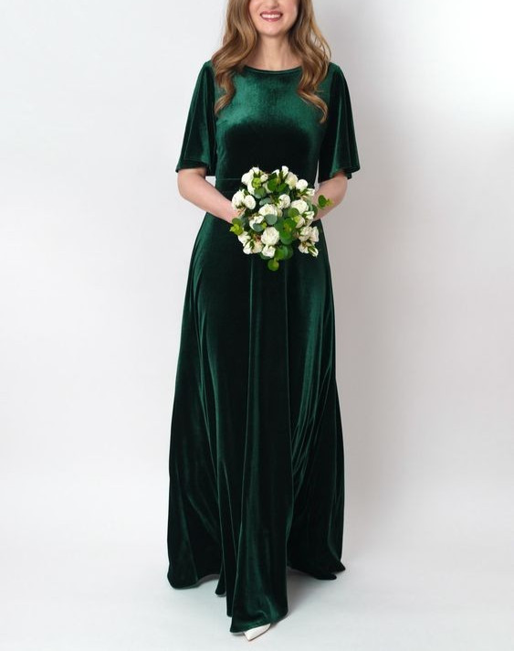 Emerald Green Velvet Half Sleeves Dress Bridesmaid Wedding Prom Party Wear Dress
