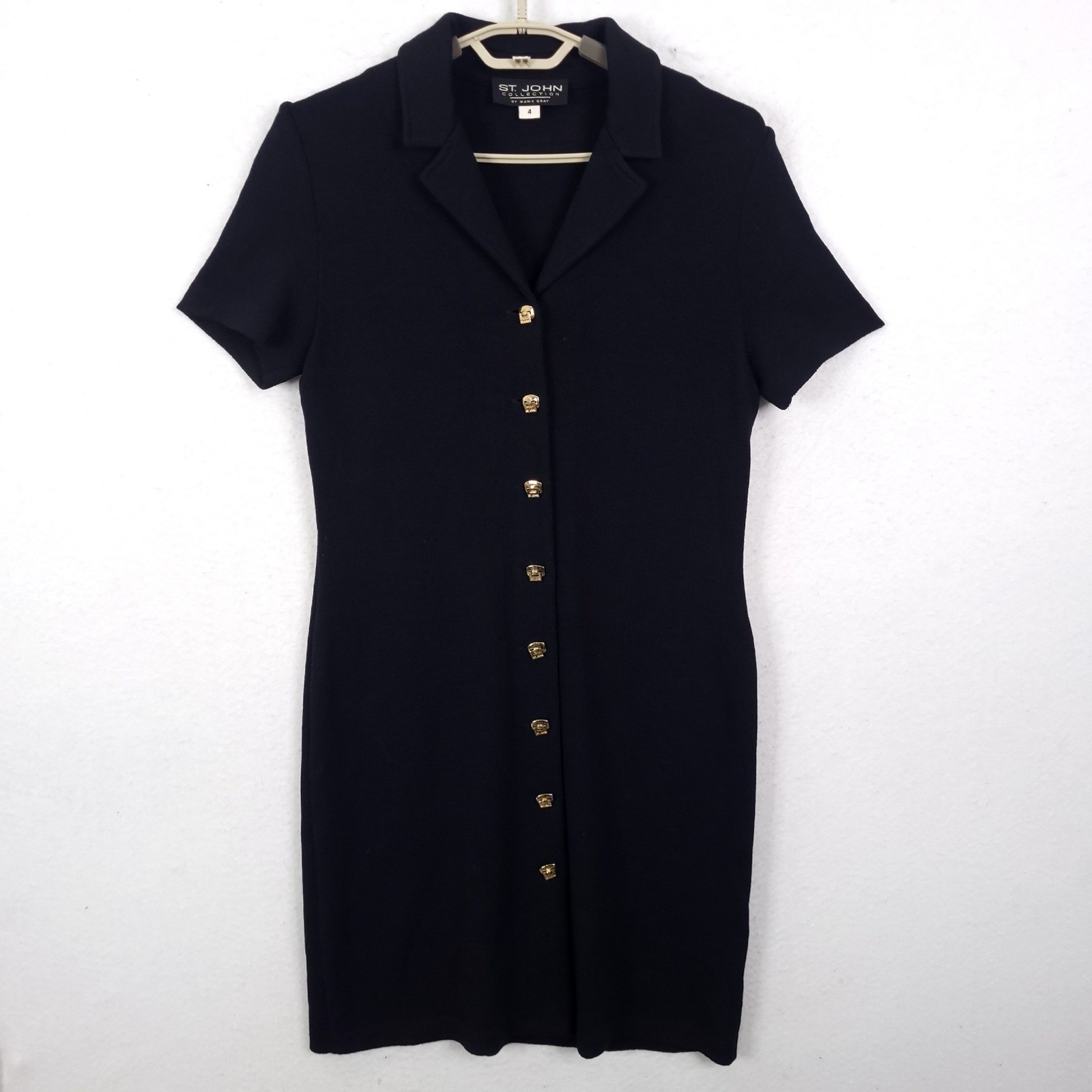 St John Collection Knit Dress Womens 4 Navy Blue Gold Button Front Short Sleeve