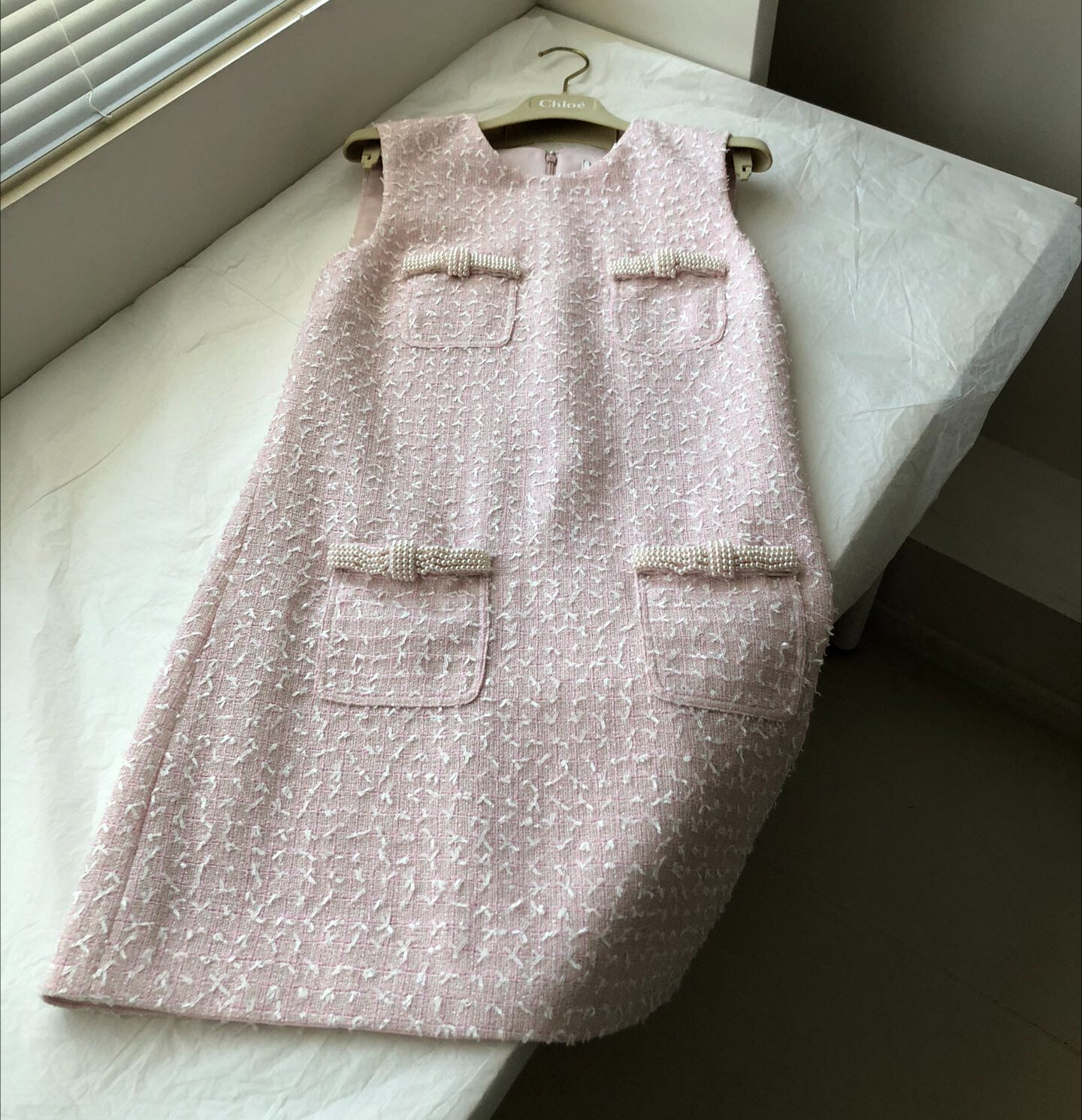 Women Self-Portrait Round Neck Pearl Sleeveless A-line Mini Dress Pink