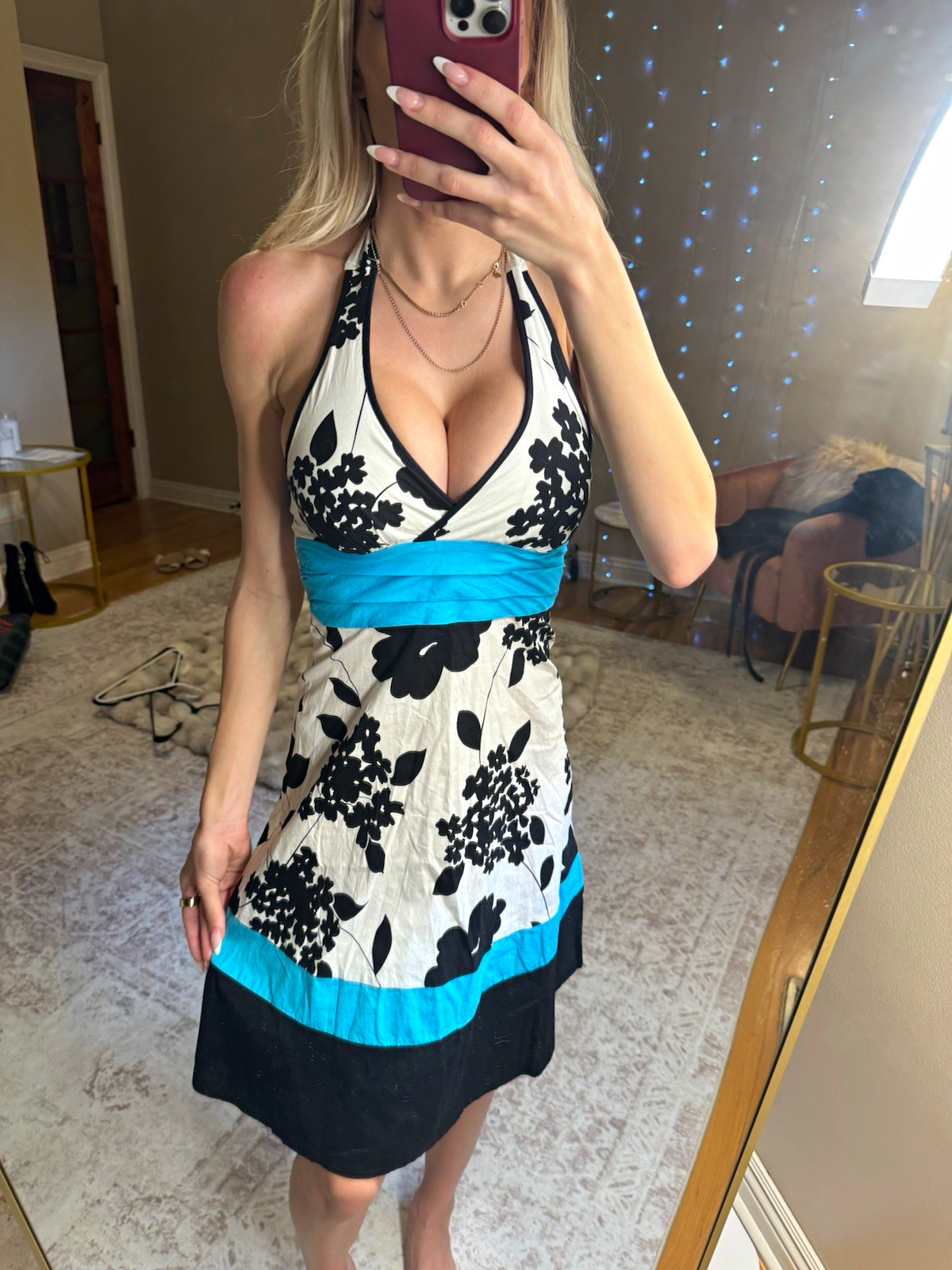 Trixxi Y2K Halter Floral Mini Dress Size 1 Black White Blue Summer Dress
