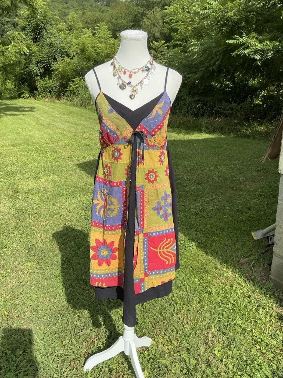 Y2K Patchwork Boho Tie Front Midi Dress