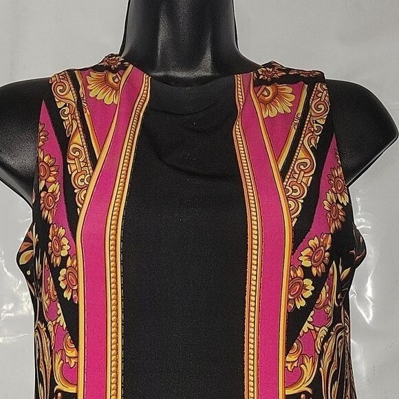 EVO VARRO Sleeveless Dress Sheath Black Gold Red Print Career Party Cocktail S