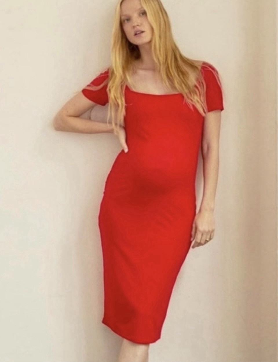 Hatch Maternity Women’s THE BODY Cap Sleeve DRESS MIDI Bodycon Red Size XS N17