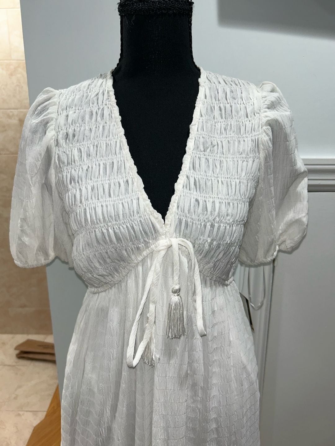 Taylor white textured puff sleeve tiered maxi dress with tassel tie