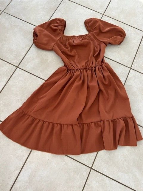 SHEIN Rust Copper Puff Sleeve Off The Shoulder Dress Size Small Gathered Boho Ne
