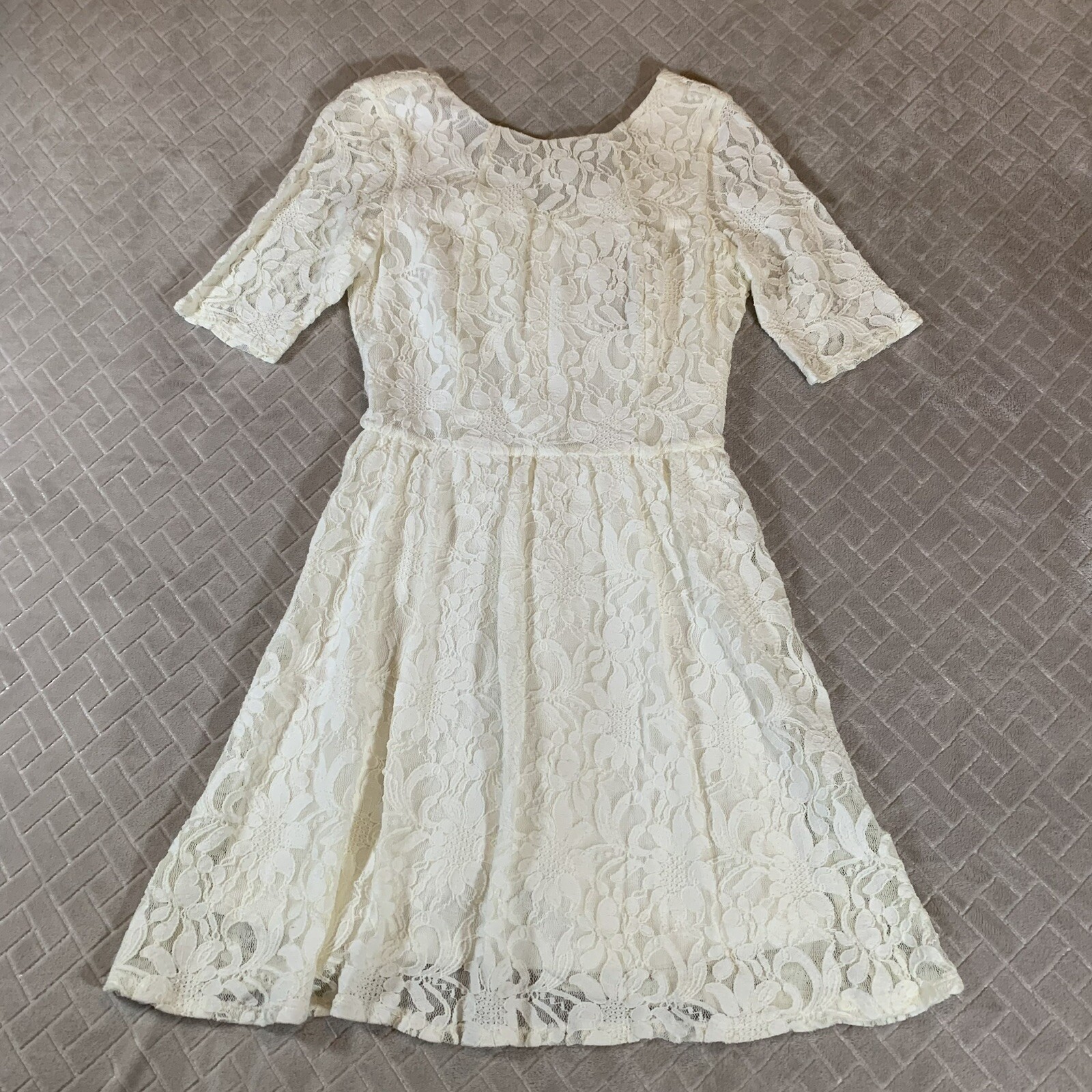 Alya Mini Dress Womens Small White Floral Lace Short Sleeve Fit & Flare Lined