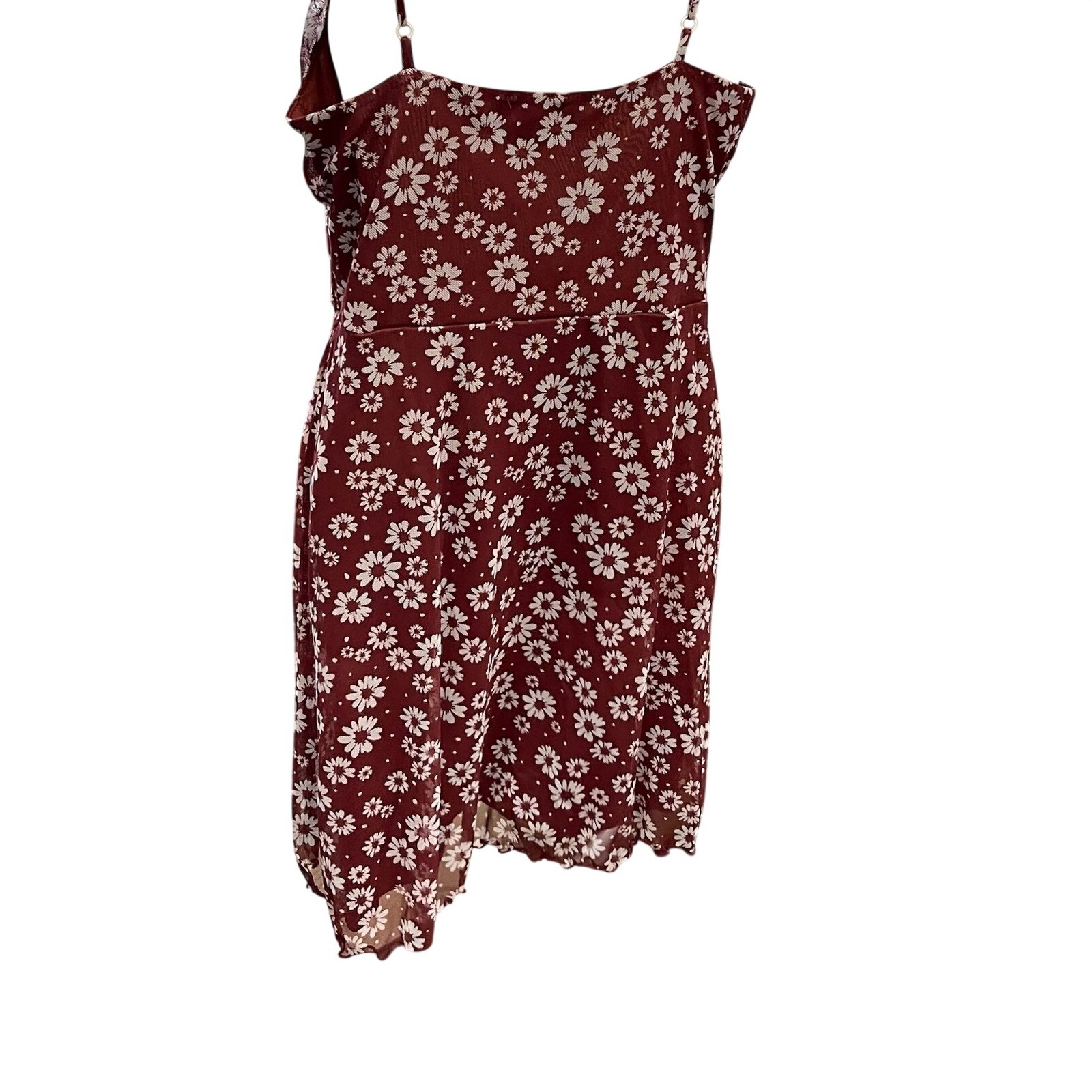 Originality Burgundy Daisy Floral Ruched Mini Dress Womens Medium Made in USA