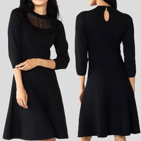 New Draper James Black Knit 3/4 Sleeve Sheer A-Line Sweater Dress Size Small