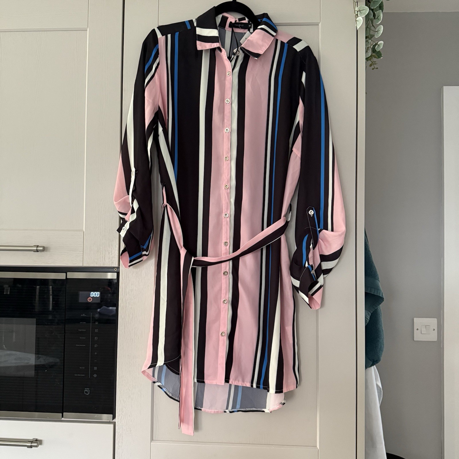 Exhibit Black Pink Blue Striped Shirt Dress UK 16 BNWT Tie Belt Roll Tab Sleeves