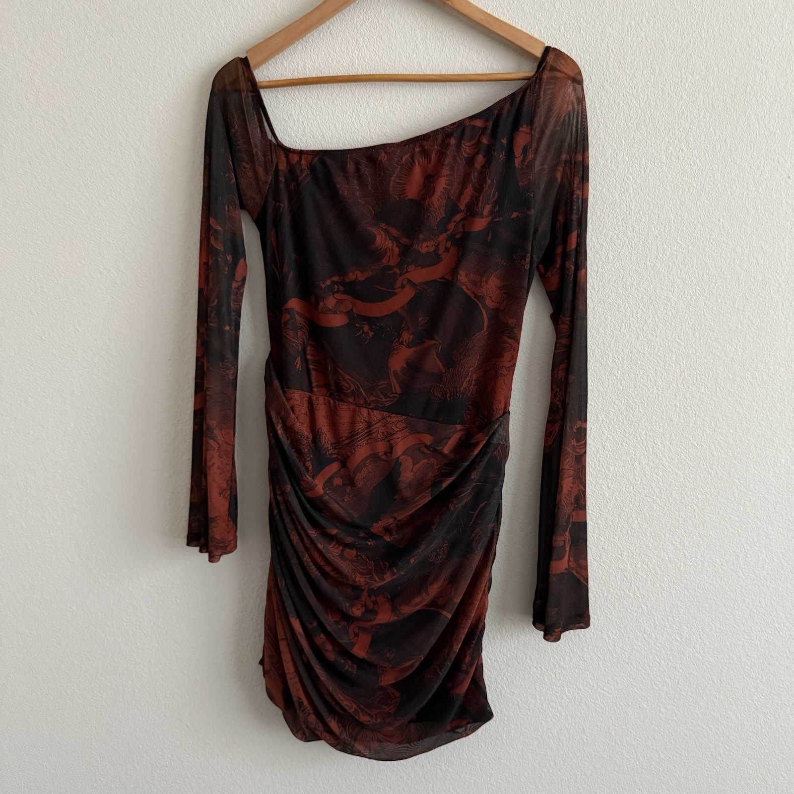 ASOS Off The Shoulder Mesh Mini Dress Womens 12 Brown Print Clubwear Party Sexy