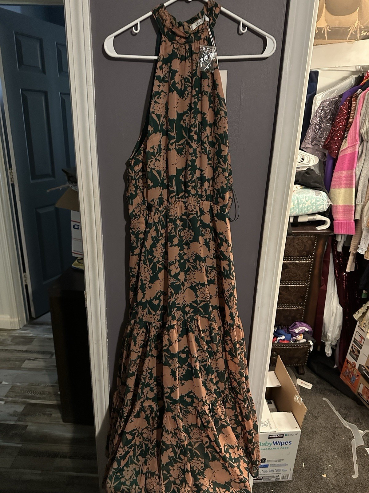 Lush Green Beige Floral Halter Sleeveless Tiered Maxi Dress L