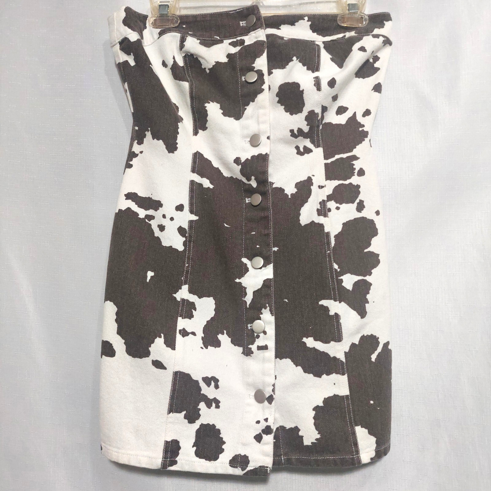 Le Lis Womens/Junior Sm Strapless Button Down Mini Dress Brown White Cow Print