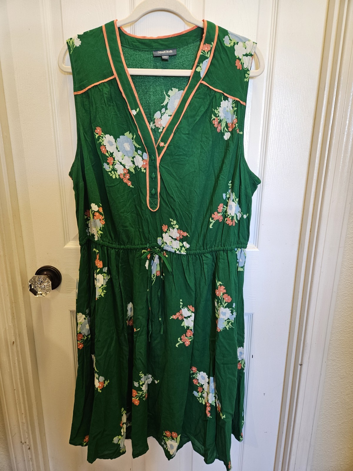 Modcloth Dress Sundress Womens 2X Green Floral Sleeveless Drawstring Side Pocket